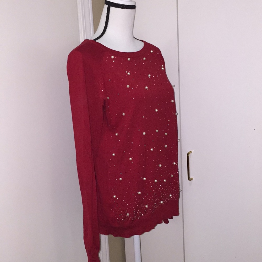 Red sweater with pearl & rhinestones